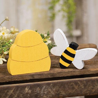 2 Set Distressed Wooden Bee & Hive Sitters - The Fox Decor